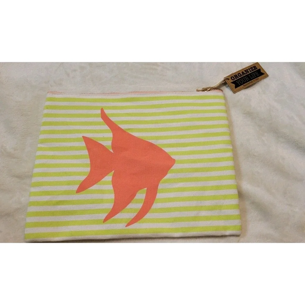 NEW GREEN STRIPED WITH FISH DESIGN COSMETIC BAG